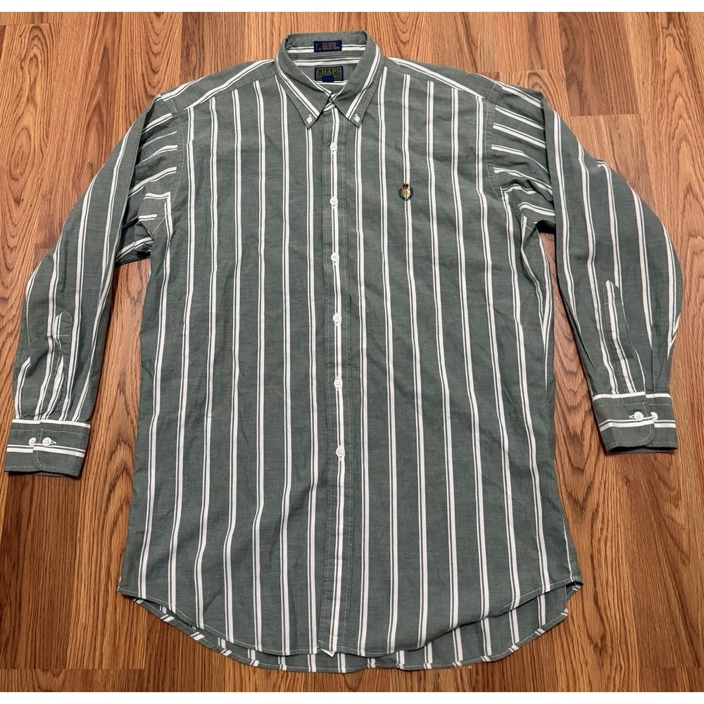 Chaps Ralph Lauren Shirt Mens Large Green Stripe Crest Vintage Made In USA